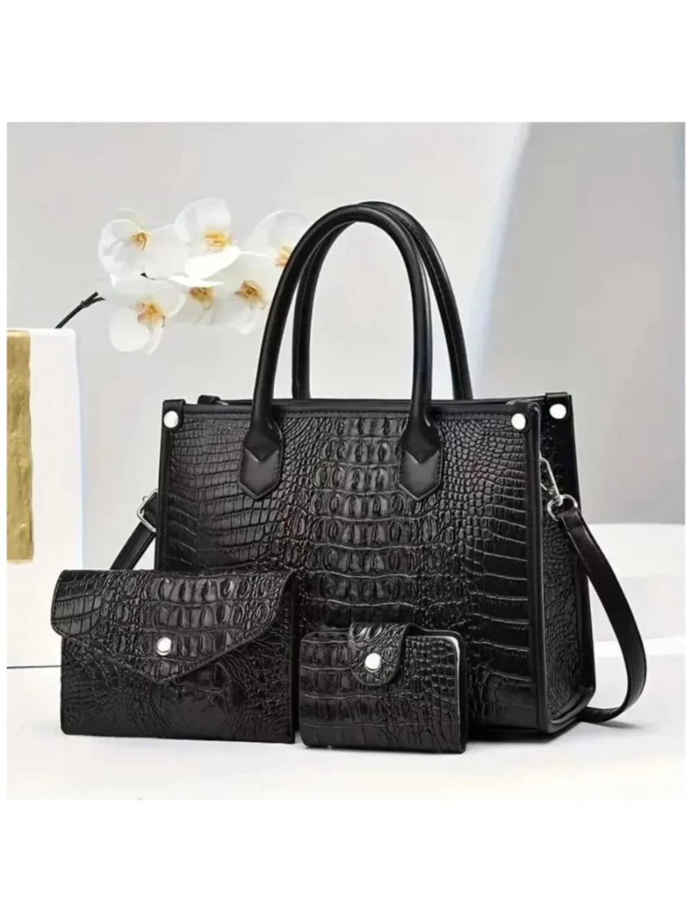 3-IN-1 Large Faux Crocodile Crossbody Bag with Matching Pouch Set